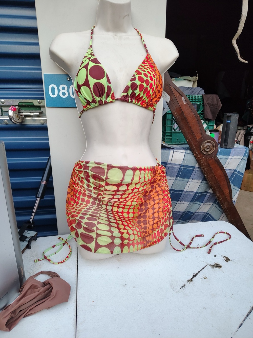 Halter Triangle 3 Piece Bikini Set with Sarong - Green & Orange Polka Dot